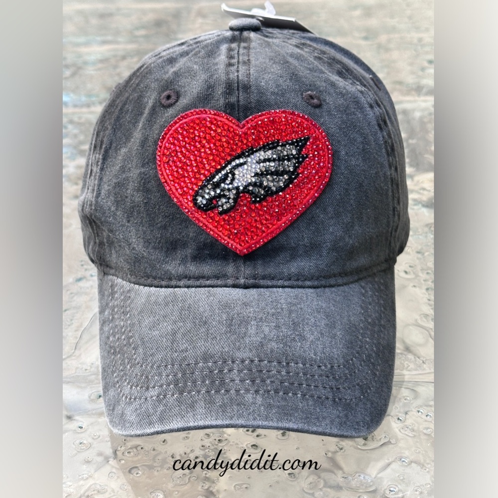 Beautiful Handmade Black Faded Philadelphia Eagles Love Bling Ball Cap